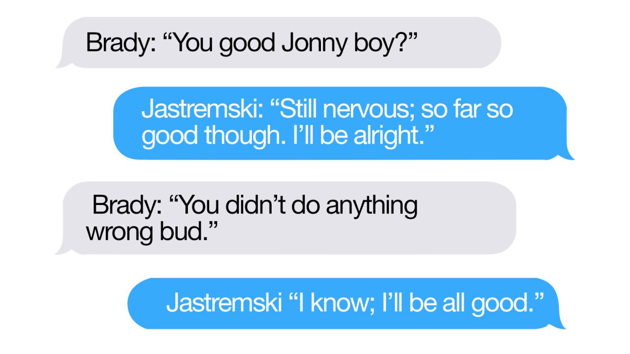 An illustration of the text message exchanged between Tom Brady and Patriots equipment assistant John Jastremski.