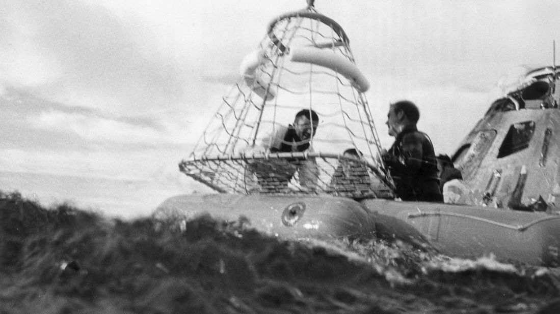 The Apollo 13 spacecraft was intended to be the third landing on the moon, but the NASA crew aborted its mission after an oxygen tank exploded on board. The astronauts landed in the South Pacific on April 17, 1970. Here, lunar module pilot Fred W. Haise Jr. is about to be hoisted up to a recovery helicopter from the USS Iwo Jima.