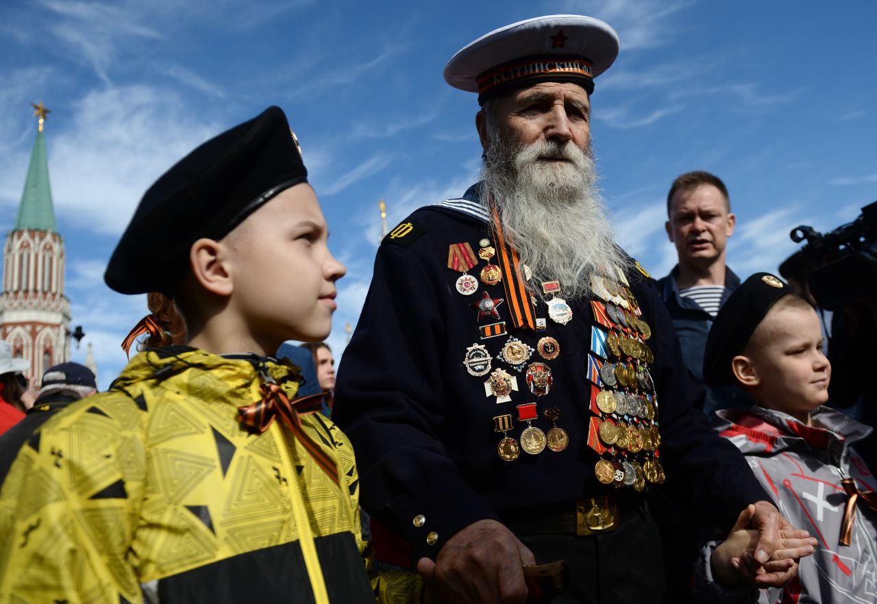 A veteran of World War II, which is known among states of the former Soviet Union as the Great Patriotic War, attends the Moscow parade May 9 marking the 70th anniversary of the defeat of Nazi Germany.