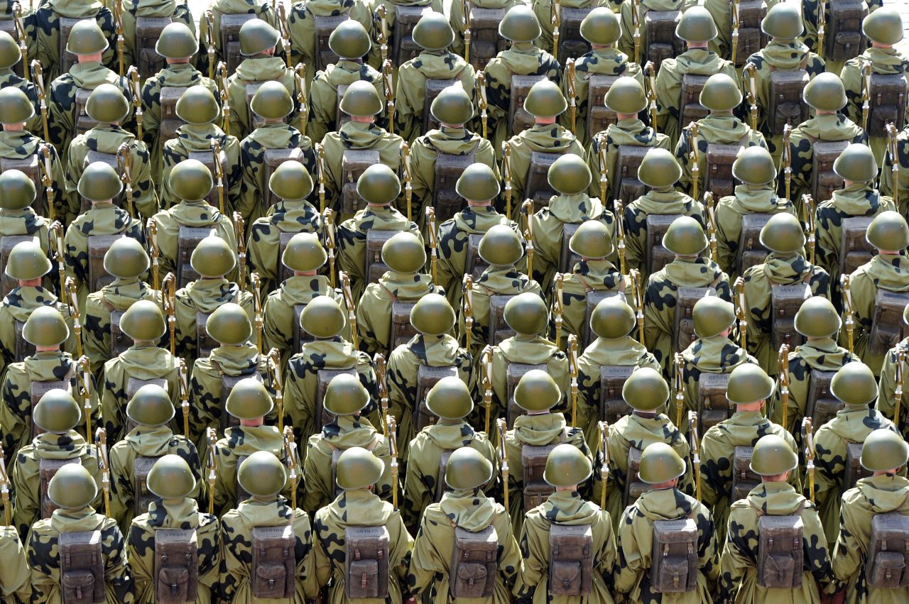 Russian soldiers march through Red Square during the Victory Day military parade in Moscow on May 9.