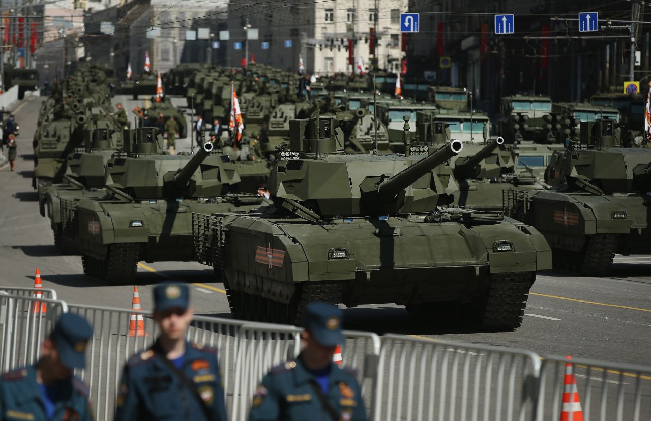  Russian Army T-14 Armata tanks prepare to participate in the annual Victory Parade at Red Square.