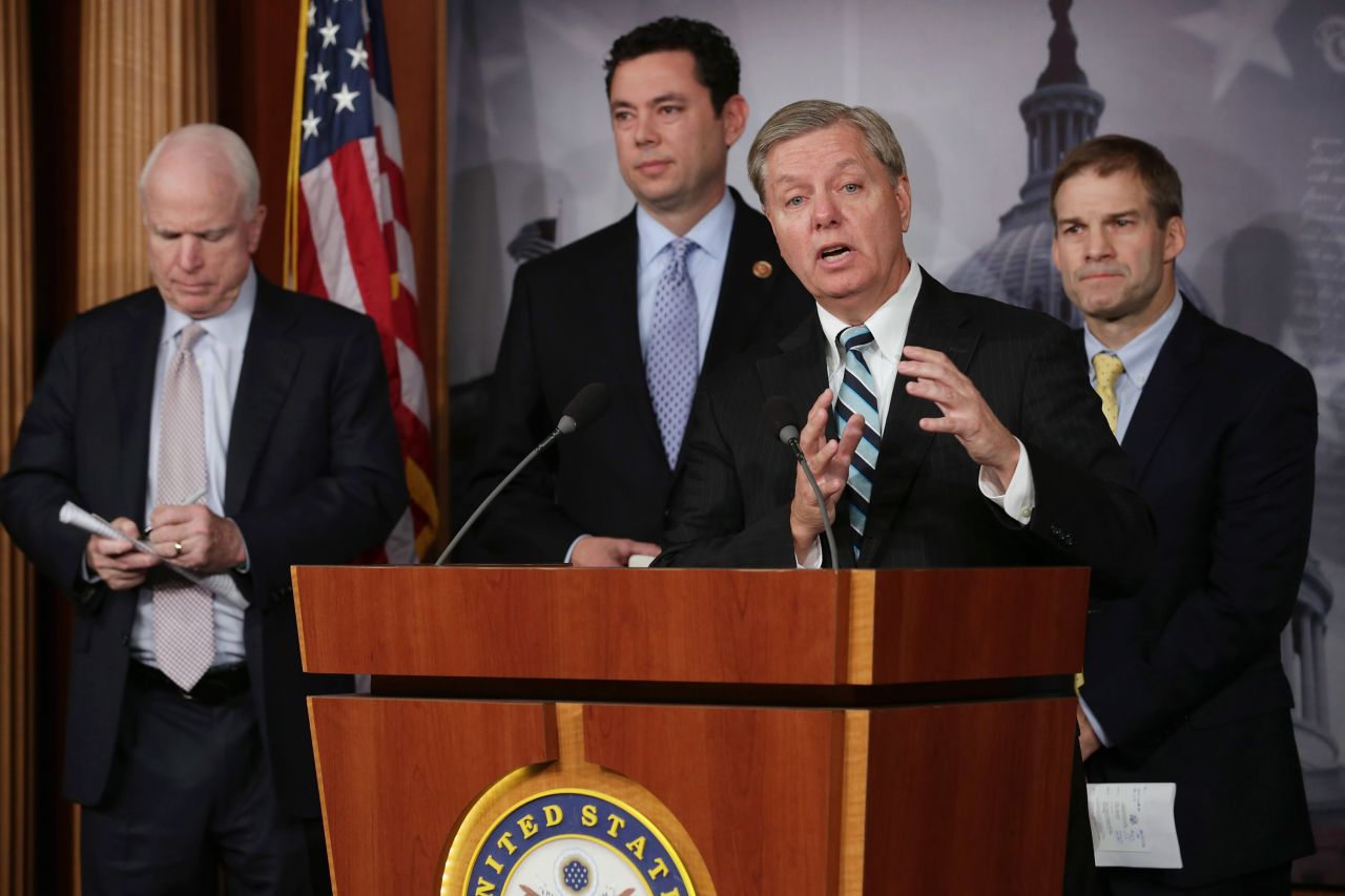 Graham holds a news conference on Benghazi, Libya, at the U.S. Capitol on October 30, 2013. From left, he is flanked by Sen. John McCain, R-Arizona; Rep. Jason Chaffetz, R-Utah; and Rep. Jim Jordan, R-Ohio. Graham has been an outspoken critic of how the Obama administration has handled the September 11, 2012, attack on the U.S. diplomatic, in which four U.S. citizens died.