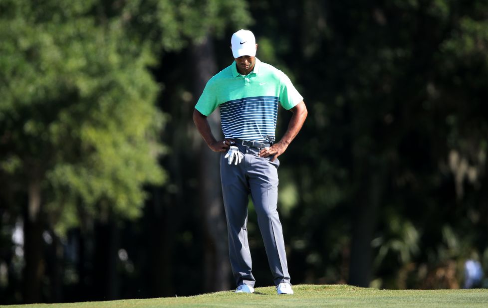 Tiger Woods carded a double-bogey seven after a dreadful 105-yard tee shot at the second hole of his third round at the Players Championship in Ponte Vedra Beach, Florida. 