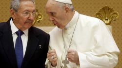 Pope Francis, right, talks with Cuban President Raul Castro during a private audience at the Vatican on May 10, 2015. Cuban President Raul Castro arrived at the Vatican on Sunday to thank Pope Francis for his role in brokering the rapprochement between Havana and Washington. The first South American pope played a key role in secret negotiations between the United States and Cuba that led to the surprise announcement in December that they would seek to restore diplomatic ties after more than 50 years of tensions.
