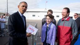 President Barack Obama, visiting Watertown, South Dakota, on Friday, May 8, shows off a note given to him by 11-year-old Rebecca Kelley. Rebecca had written him a letter asking him to visit South Dakota, which is the 50th state Obama has visited during his time in office. White House photographer Pete Souza highlights a picture from each state.