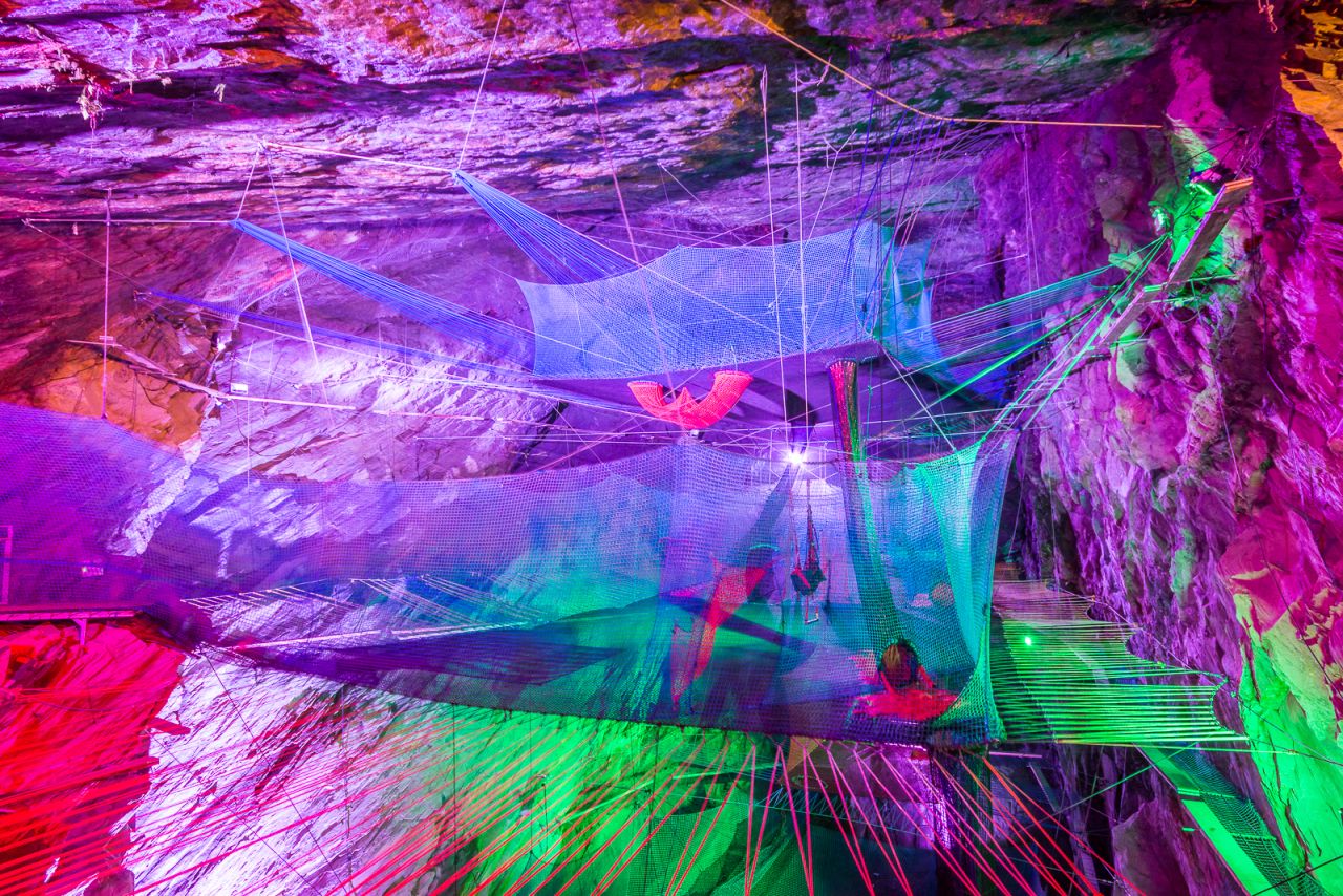 If the depths don't freak you out, the psychedelic vibes surely will. Bounce Below is a multi-tiered trampoline lit in technicolor and suspended within a Victorian-era slate mine in Gwynedd, Wales.