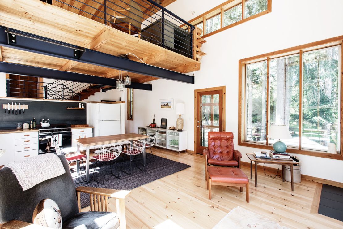 You can kick back in an airy Northwest cabin -- complete with onsite sauna. 