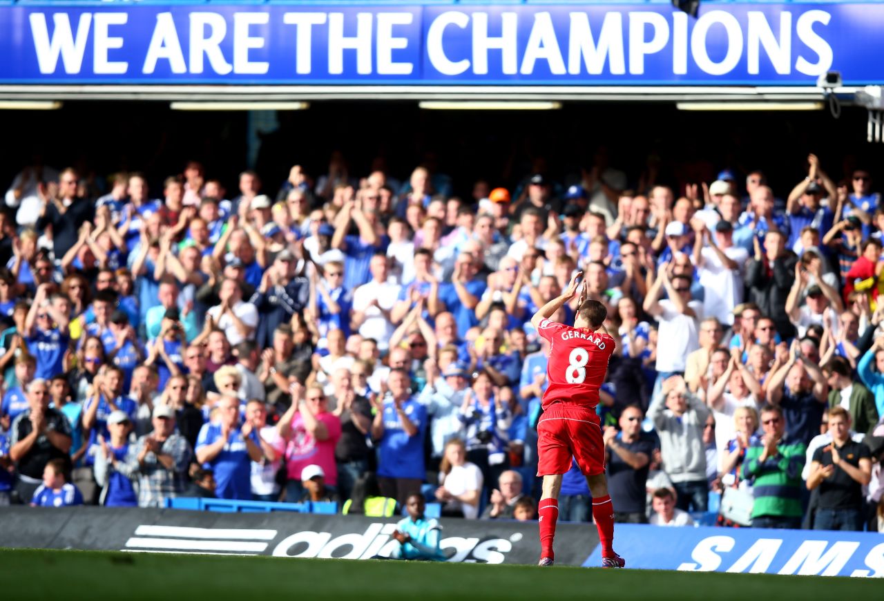 Described by Chelsea manager Jose Mourinho as a 'dear enemy', Liverpool midfielder Steven Gerrard is given a standing ovation by the English Premier League champions' fans on his last ever appearance at the London club's Stamford Bridge ground.