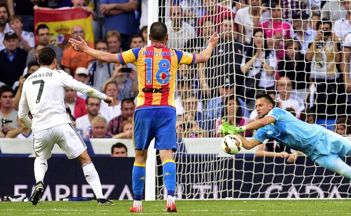 Cristiano Ronaldo sees his penalty saved by Valencia keeper Diego Alves in Real Madrid's 2-2 draw. It was a miss that kept that the Real <a href="index.php?page=&url=http%3A%2F%2Fedition.cnn.com%2F2015%2F04%2F20%2Ffootball%2Fmessi-ronaldo-goal-count%2Findex.html">forward on 54 goals for the season.</a>