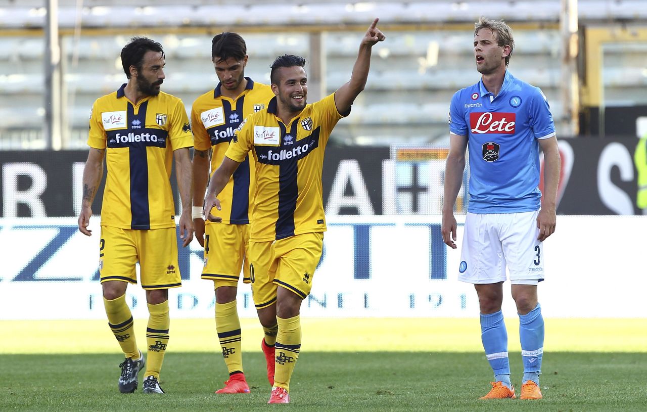 Cristobal Jorquera celebrates his stunning goal as already-relegated Parma drew 2-2 at home against Napoli.