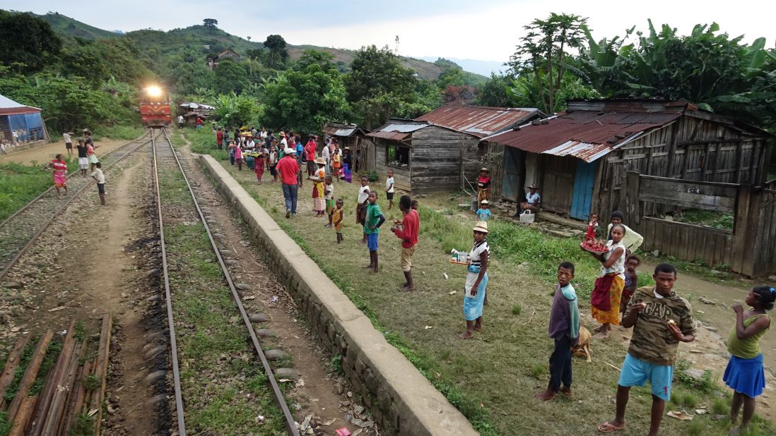 This is one of 17 train stops along the 100-mile journey from Tana to the coastal town of Manakara. Locals await the train's arrival to unload much needed rice, beans, bananas and other fruits and vegetables.