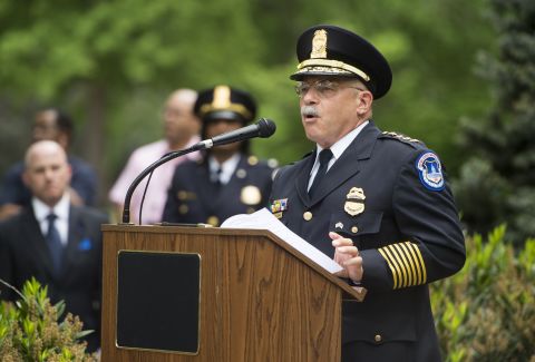U.S. Capitol Police Chief Kim Dine speaks about Sgt. Clinton J. Holtz during the May 11 memorial service. Holtz died in January 2014.