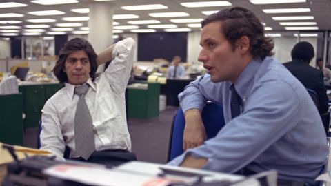 Reporters Bob Woodward, right, and Carl Bernstein sit in the newsroom of the Washington Post newspaper in May 1973. Woodward and Bernstein's reporting on the Watergate scandal led to President Nixon's resignation and won them a Pulitzer Prize. In 1976, Robert Redford and Dustin Hoffman would portray the pair in the film adaptation of their book "All the President's Men."