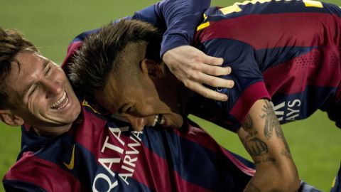 Lionel Messi, left, and his Barcelona teammate Neymar celebrate after Messi scored a goal against Bayern Munich during a UEFA Champions League semifinal match on Wednesday, May 6. Messi had two goals in the 3-0 home victory, while Neymar scored once.