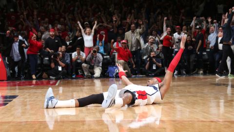 Washington's Paul Pierce reacts after hitting a buzzer-beater to defeat Atlanta in Game 3 of their NBA playoff series on Saturday, May 9. The victory gave the Wizards a 2-1 series lead.