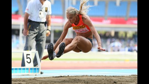 Russian long jumper Darya Klishina soars through the air Sunday, May 10, at the Seiko Golden Grand Prix in Kawasaki, Japan. She won the event with a jump of 6.88 meters (22.57 feet).