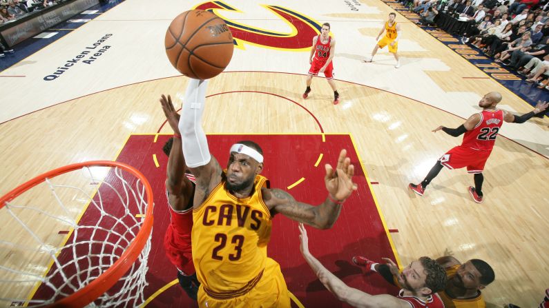 Cleveland's LeBron James dunks the ball against Chicago during Game 2 of their playoff series on Wednesday, May 6. James and the Cavaliers won the game to tie the series at one game apiece.