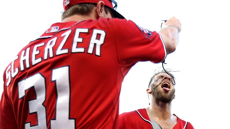 Bryce Harper has chocolate sauce sprayed on his face by Washington teammate Max Scherzer after he hit a walk-off home run against Atlanta on Saturday, May 9. It capped a dominating week at the plate for Harper, who hit three home runs in one game on Wednesday.
