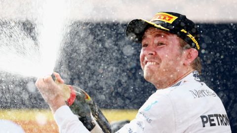 Formula One driver Nico Rosberg celebrates on the podium after winning the Spanish Grand Prix on Sunday, May 10. It was the first victory of the season for the German, who finished second in the standings last year.