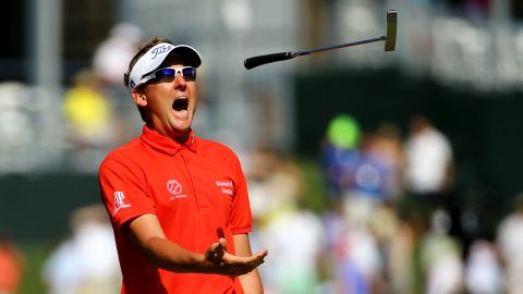 Ian Poulter throws his putter after missing a putt during the third round of the Players Championship on Saturday, May 9.