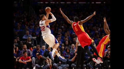 Blake Griffin of the Los Angeles Clippers shoots over Terrence Jones of the Houston Rockets during Game 3 of their NBA playoff series on Friday, May 8. Griffin had 22 points and 14 rebounds as the Clippers took a 2-1 series lead.
