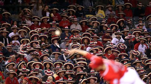 Fans of the Los Angeles Angels of Anaheim take part in a Cinco de Mayo promotion during the fifth inning of a home game against Seattle on Tuesday, May 5. The team gave out 25,111 sombreros to set a Guinness World Record for "largest gathering of people wearing sombreros."