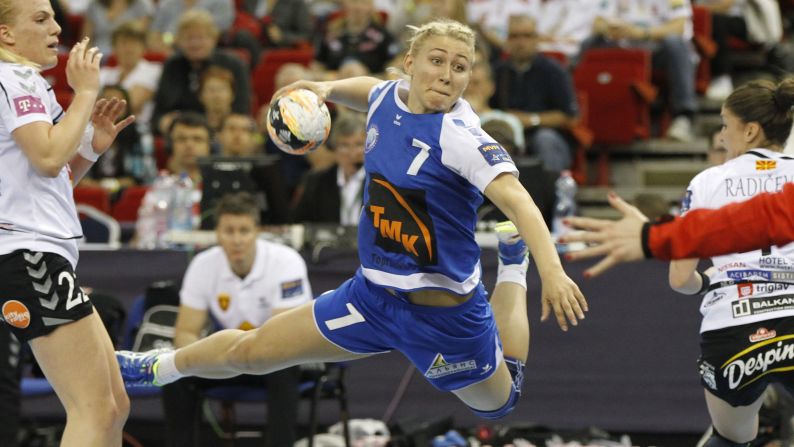 Yaroslava Frolova of Russian handball club Dinamo Volgograd jumps for a throw while playing Vardar in the Champions League bronze match on Sunday, May 10. Vardar, from Macedonia, won the match 28-26.