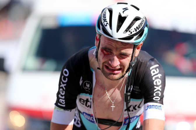 A bloodied Pieter Serry grimaces during the second stage of the Giro d'Italia (Tour of Italy) on Sunday, May 10. The Belgian rider withdrew from the race after the crash, which <a href="index.php?page=&url=http%3A%2F%2Fwww.cyclingweekly.co.uk%2Fracing%2Fgiro-ditalia%2Fetixx-boss-expects-no-punishment-for-spectator-who-caused-giro-ditalia-crash-170694" target="_blank" target="_blank">according to Cycling Weekly</a> was caused when a spectator cycled into the peloton.