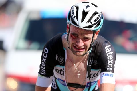A bloodied Pieter Serry grimaces during the second stage of the Giro d'Italia (Tour of Italy) on Sunday, May 10. The Belgian rider withdrew from the race after the crash, which <a href="http://www.cyclingweekly.co.uk/racing/giro-ditalia/etixx-boss-expects-no-punishment-for-spectator-who-caused-giro-ditalia-crash-170694" target="_blank" target="_blank">according to Cycling Weekly</a> was caused when a spectator cycled into the peloton.