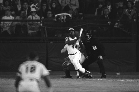 Hank Aaron breaks Babe Ruth's career home run record, hitting home run No. 715 at Atlanta's Fulton County Stadium in April 1974. Aaron finished his career with 755 home runs, a record that stood until Barry Bonds broke it in 2007.