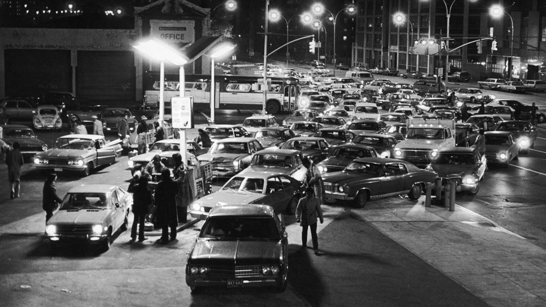 Cars in Brooklyn, New York, line up for gas in January 1974. In October 1973, an oil embargo imposed by members of OPEC led to skyrocketing gas prices and widespread fuel shortages.