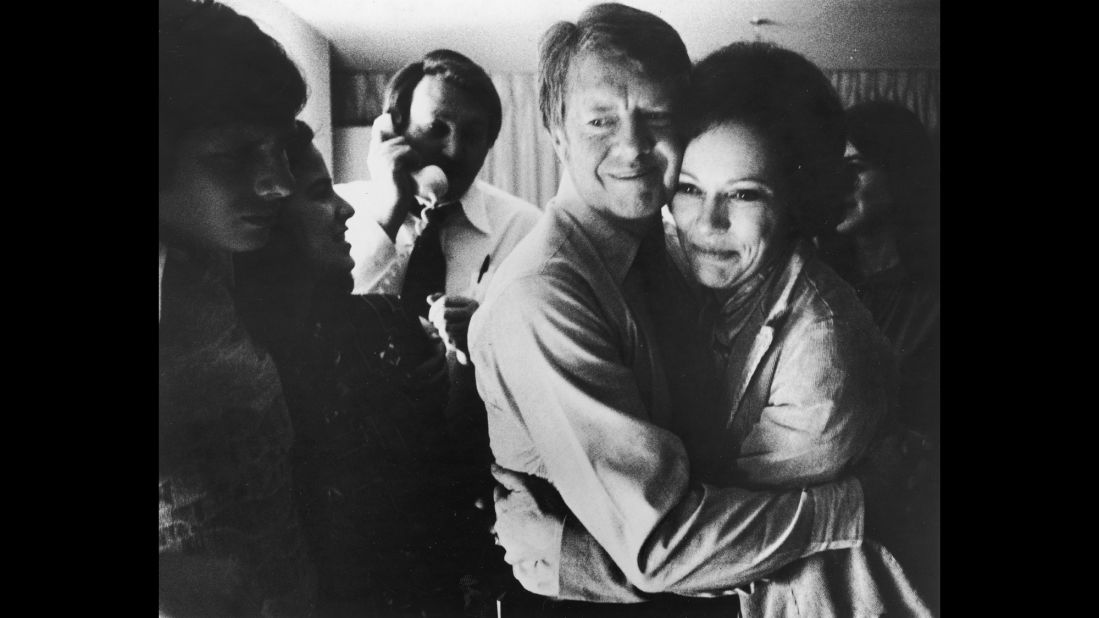 Jimmy Carter embraces his wife, Rosalynn, in November 1976 after he was elected as the 39th President of the United States. Carter, a Democrat and former governor of Georgia, defeated incumbent Gerald Ford. During his time in office, Carter created the Department of Energy and Department of Education. Since leaving the office in 1980, he has remained active in fighting for human rights and ending disease around the world with his nonprofit organization, the Carter Center.