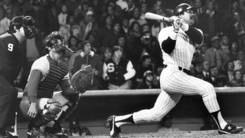 Reggie Jackson of the New York Yankees hits his third home run of the game on October 18, 1977, leading the Yankees to a World Series win over the Los Angeles Dodgers. Jackson had a .357 batting average over the 27 World Series games throughout his career, earning him the nickname "Mr. October." Jackson and the Yankees would repeat as World Series champions the following year.