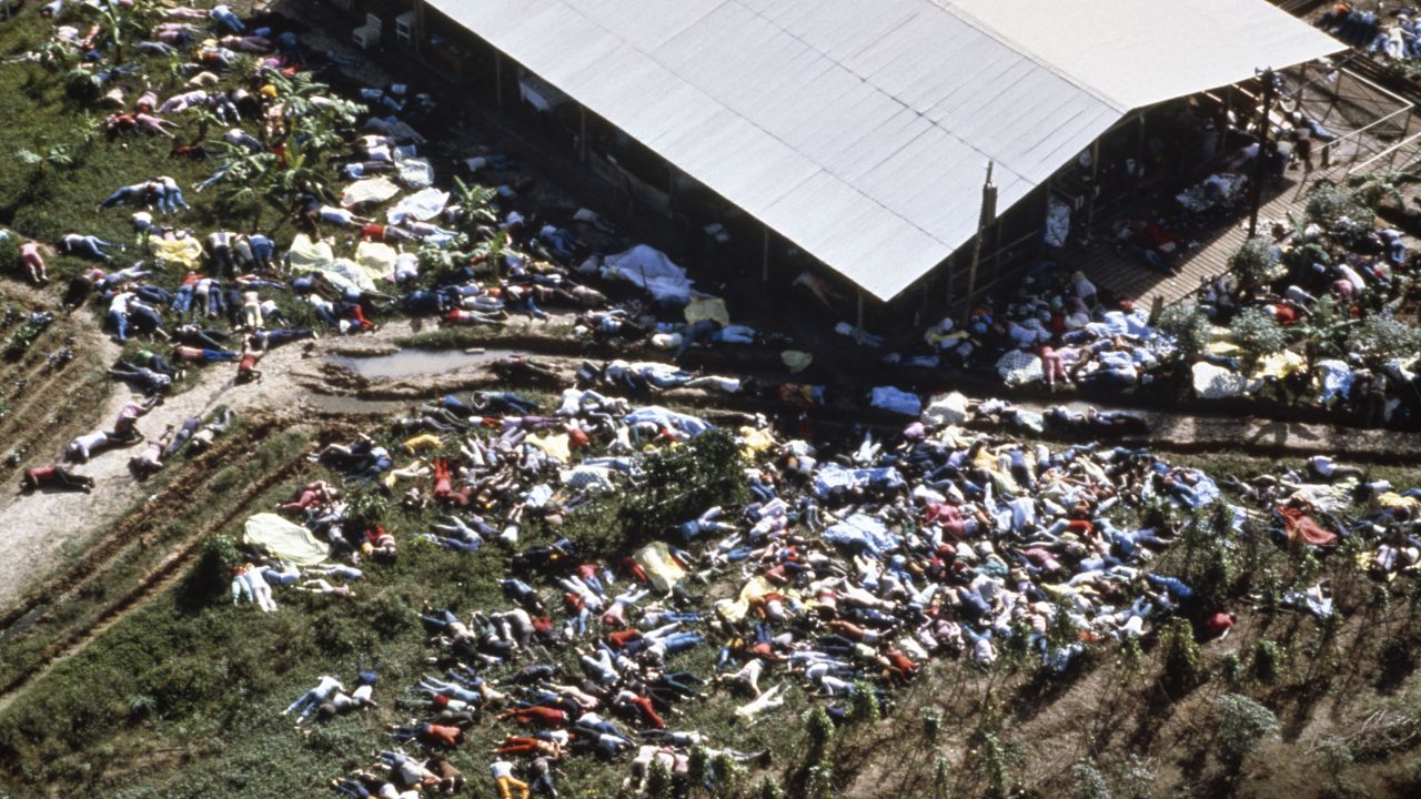 Bodies lie around the compound of the People's Temple in Jonestown, Guyana, on November 18, 1978. More than 900 members of the cult, led by the Rev. Jim Jones, died from cyanide poisoning; it was the largest mass-suicide in modern history.