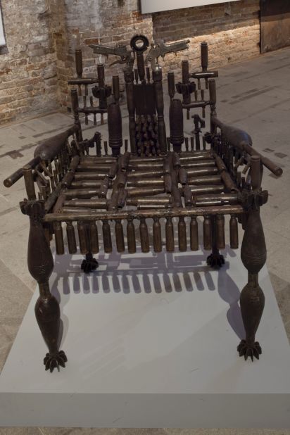 <em>Goncalo Mabunda, The Knowledge Throne, 2014</em><br />Mabunda's work uses recovered arms from the recently-ended 16-year civil war in Mozambique and creates dangerously-intricate forms, as seen here with his piece "The Knowledge Throne."