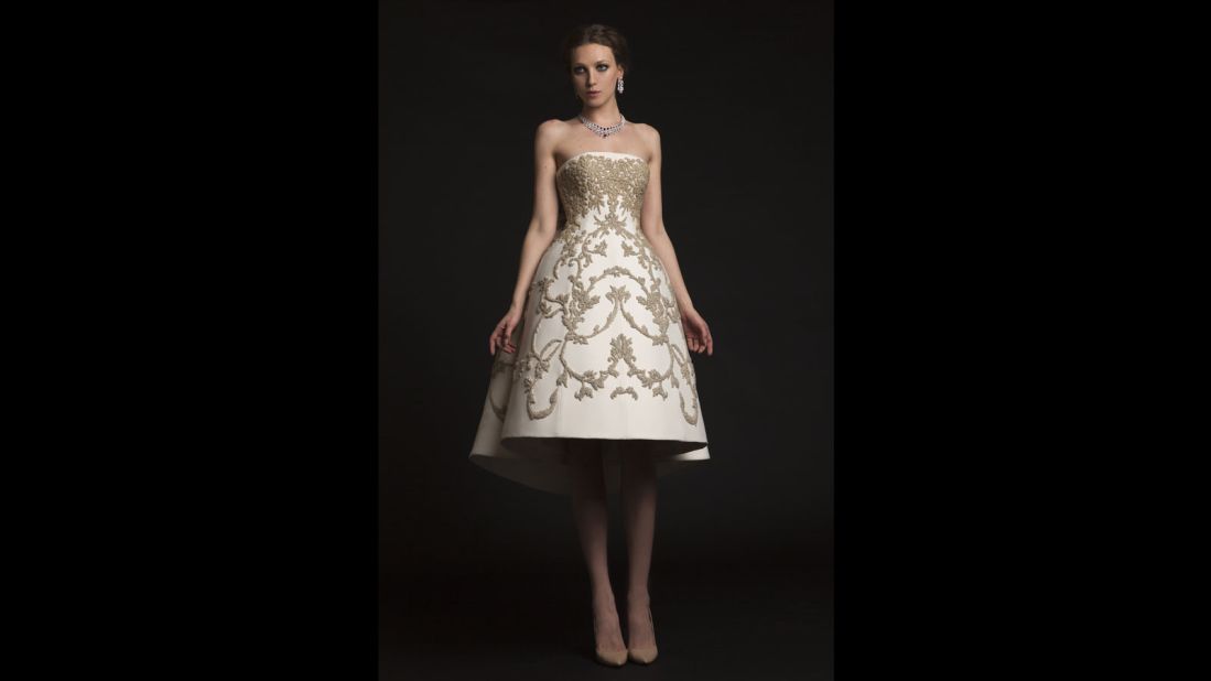 Jabotian's wedding gowns start at $25,000 and are hand sewn, embroidered and pearled down to the last detail. 