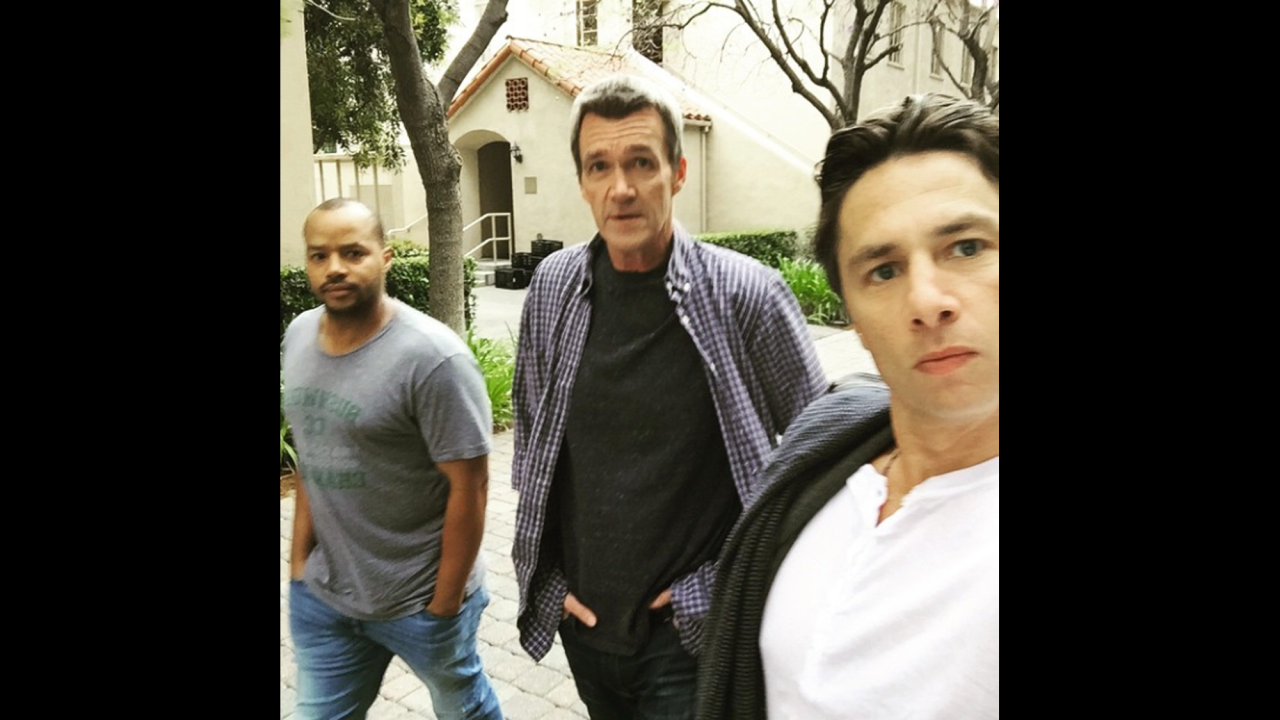 Actor Zach Braff, right, <a href="https://instagram.com/p/2XrqB_v_OD/" target="_blank" target="_blank">posted a selfie with his former "Scrubs" stars</a> Donald Faison, left, and Neil Flynn on Thursday, May 7. "Reunited," Braff said on Instagram.