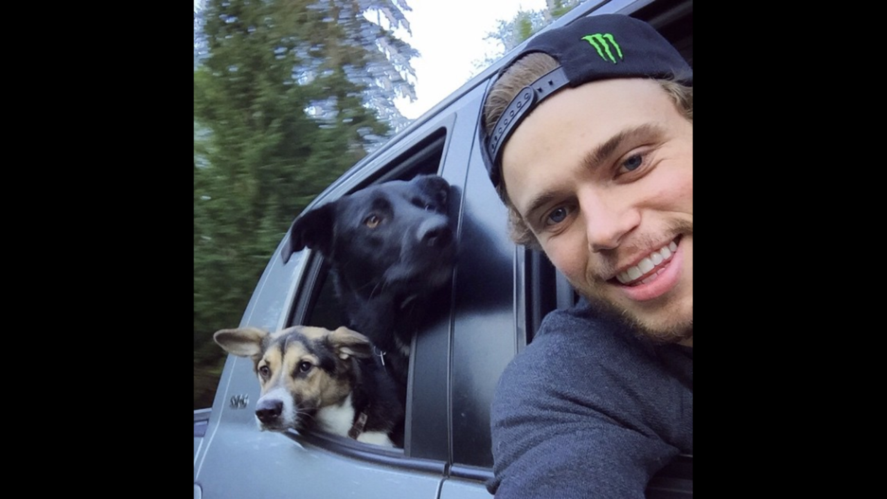 Freestyle skier Gus Kenworthy <a href="https://instagram.com/p/2ZfshWLT4p/" target="_blank" target="_blank">takes a selfie with The Sochi Pups</a> -- dogs adopted from Sochi, Russia, during last year's Winter Olympics -- as they travel to the beach on Thursday, May 7.