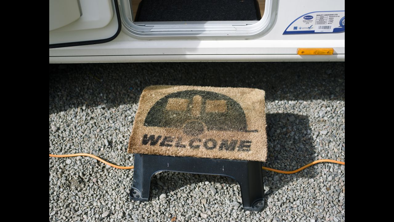 A "welcome" step outside a caravan in Oban, Scotland.