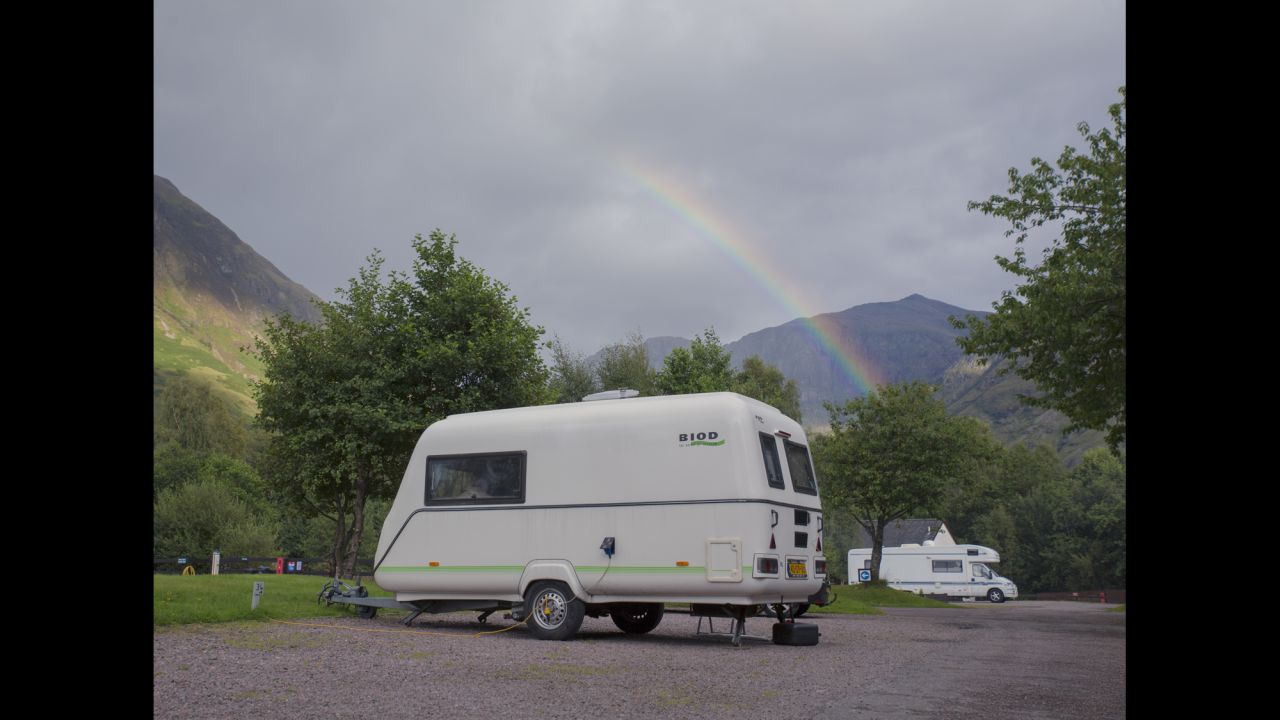 A rainbow over a caravan site in Glencoe, Scotland.