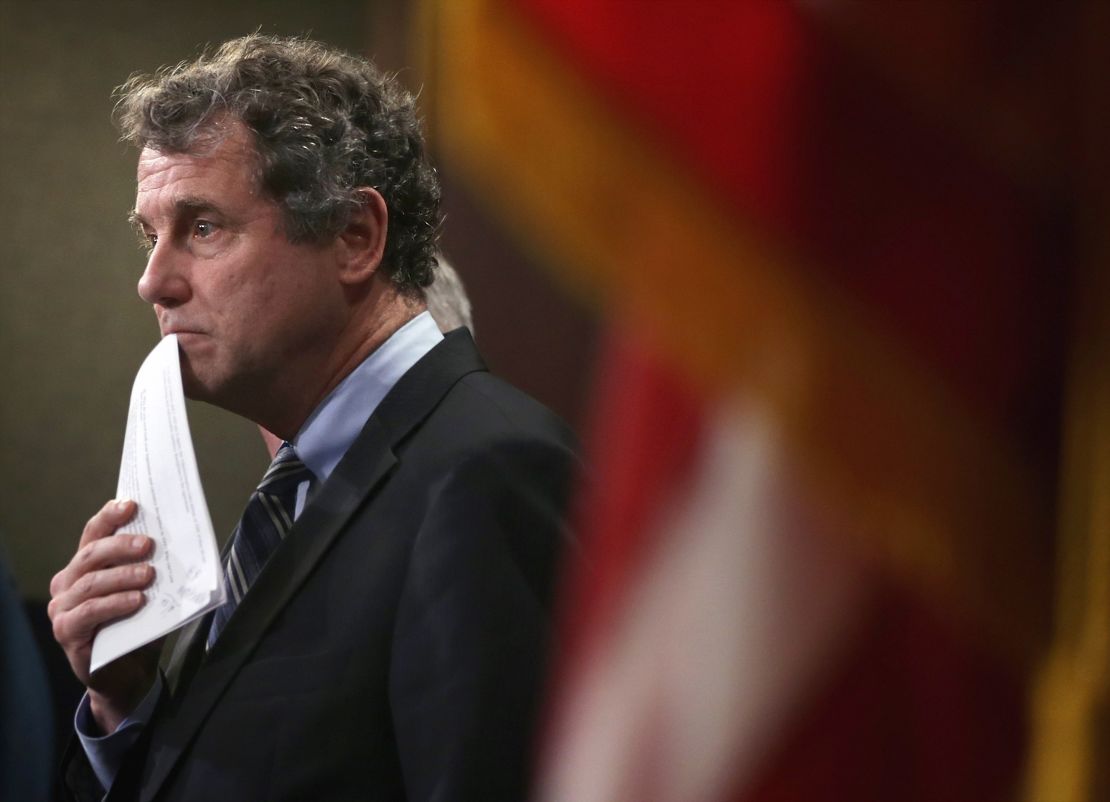U.S. Sen. Sherrod Brown (D-OH) pauses during a news conference on currency and trade February 10, 2015 on Capitol Hill in Washington, D.C.