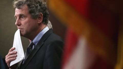 U.S. Sen. Sherrod Brown (D-OH) pauses during a news conference on currency and trade February 10, 2015 on Capitol Hill in Washington, D.C.