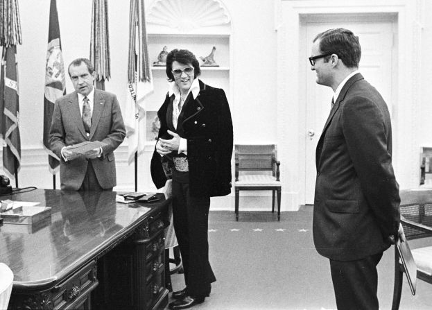 Pop culture and politics collided on December 21, 1970, when the King of Rock 'n' Roll, Elvis Presley, visited President Richard Nixon in the White House Oval Office. The '70s may have been many things, but boring sure wasn't one of them. Check out 70 of the most unforgettable moments of the decade. For more, watch the CNN Original Series "<a href="index.php?page=&url=https%3A%2F%2Fwww.cnn.com%2Fshows%2Fthe-seventies" target="_blank">The Seventies</a>." 