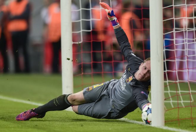 Barcelona's German goalkeeper Marc-Andre ter Stegen made a desperate save on the line from Robert Lewandowski to keep the score 2-1 at halftime.