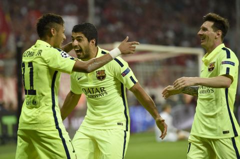 Neymar, Luis Suarez (center) and Lionel Messi (right) now have 114 goals between them for Barcelona this season.  