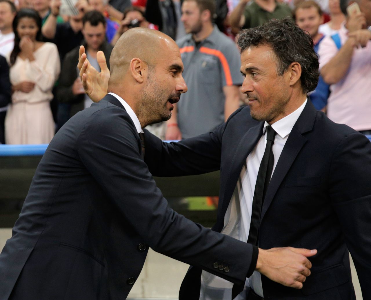 Bayern's former Barcelona coach Josep Guardiola (left) suffered a second successive semifinal defeat, while Luis Enrique (right) will seek to emulate his ex-Nou Camp clubmate's 2011 Champions League triumph in Berlin on June 6. 