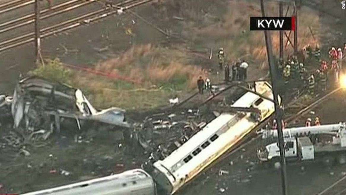 The wreckage of Amtrak 188 is seen from air the day after it derailed in Philadelphia.