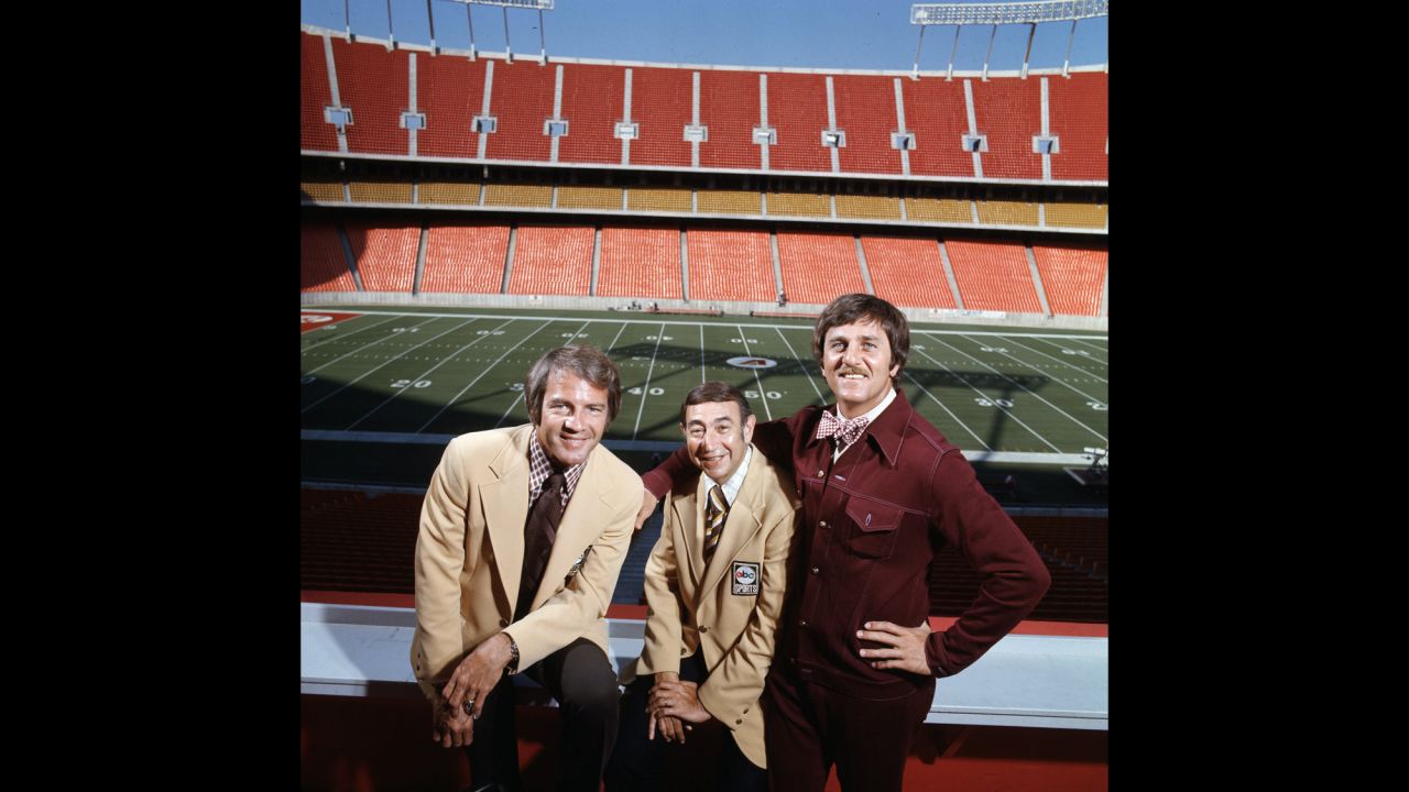 On September 21, 1970, ABC and the NFL teamed up to find out if America was ready for some more football. The answer was a resounding yes, resulting in a ratings juggernaut. One of the secrets to its early success was the contrast between erudite sportscaster Howard Cosell, center, and folksy former quarterback "Dandy" Don Meredith, right. They started with Keith Jackson, left, who was replaced in 1971 by Frank Gifford.