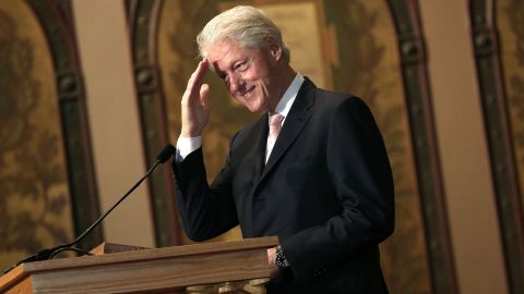 Former U.S. President Bill Clinton arrives to deliver remarks at Georgetown University April 21, 2015 in Washington, DC. Clinton delivered the third part of a four part series of lectures he is giving on the topic of 'Purpose' — how a clear and inclusive sense of purpose can drive a life of service.