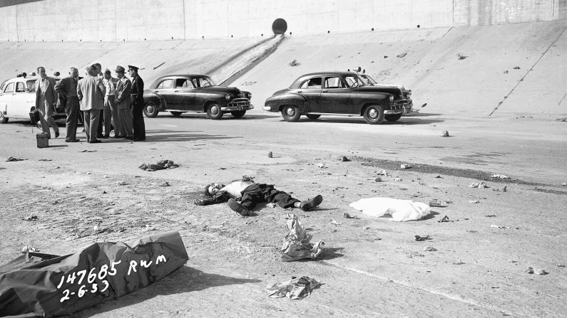 Jesus Fernandez Munoz dropped 50 feet and hit the concrete floor of the Los Angeles River bed in February 1953. Ellroy described him as a "good guy down on his luck. The coroner's register one-sheet is perfunctory. It's an accidental death. Men like Munoz are accident-prone. He was walking on or sleeping on a concrete beam below the Aliso Street Bridge."